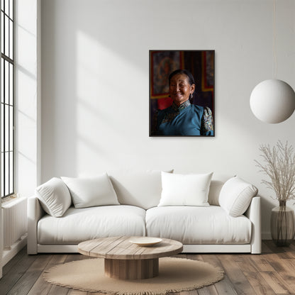 Mongolian Woman in Traditional Attire at a Temple